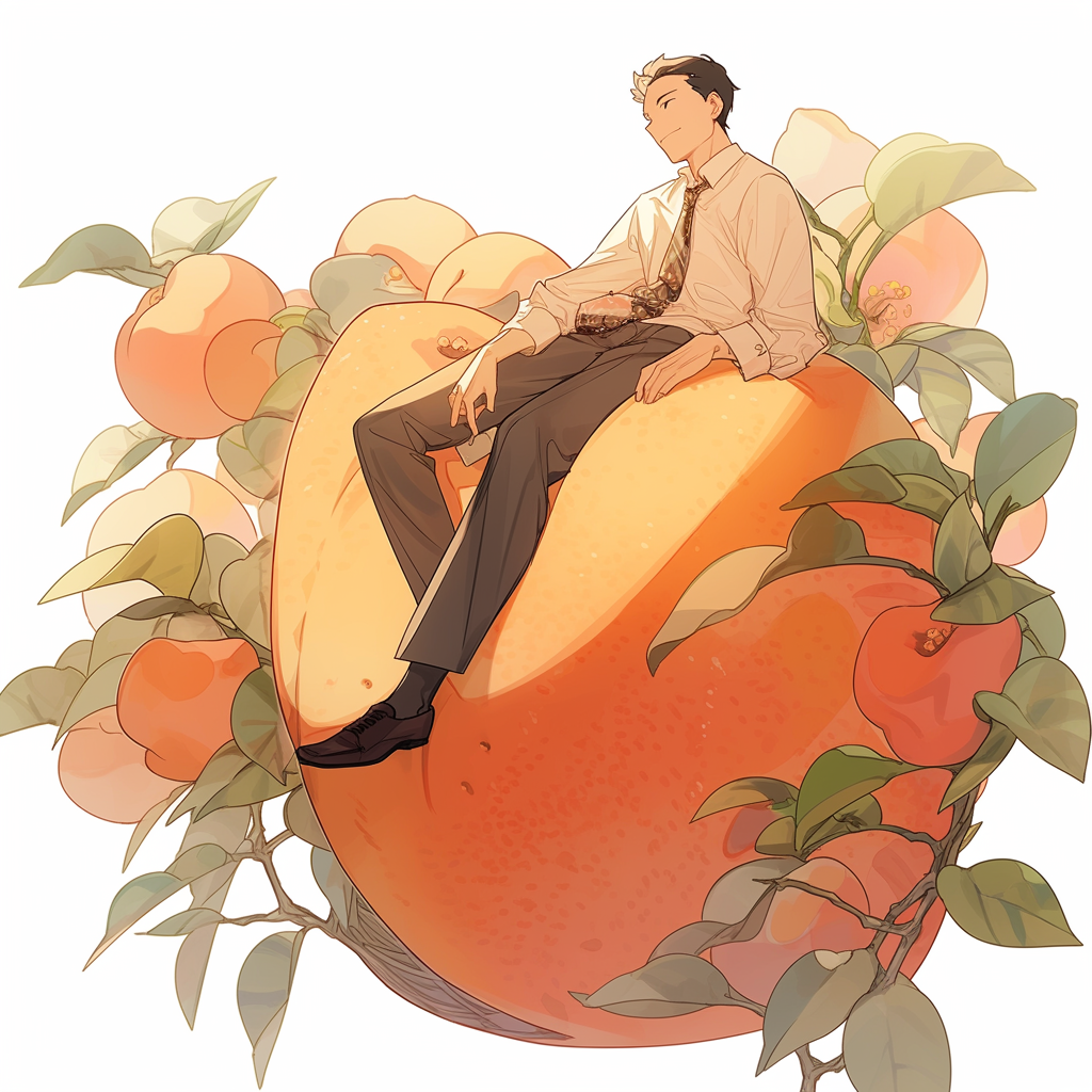 Man sitting on a giant peach