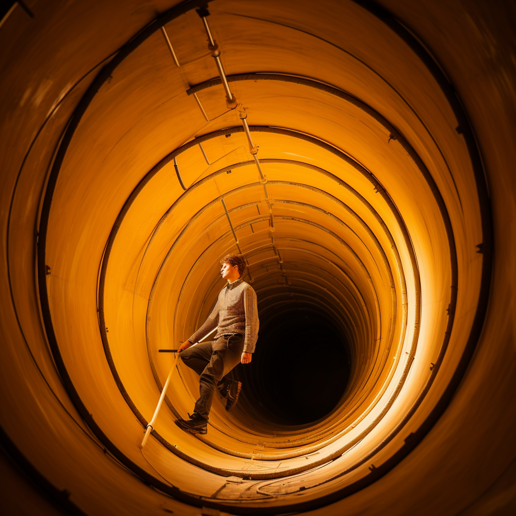 Adventurous climber exploring giant pipe