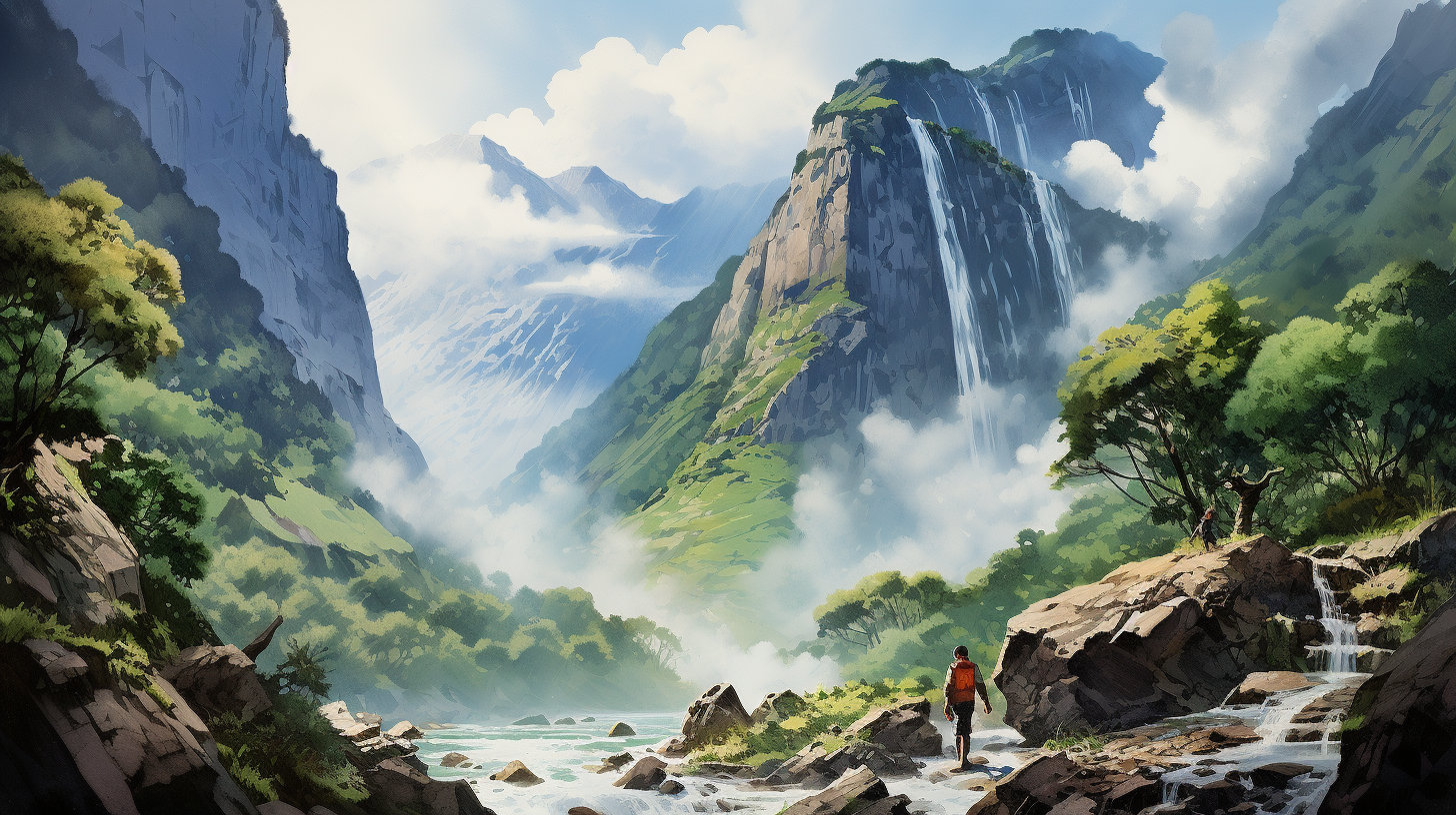 Watercolor of a giant waterfall surrounded by scenic mountains and two hikers