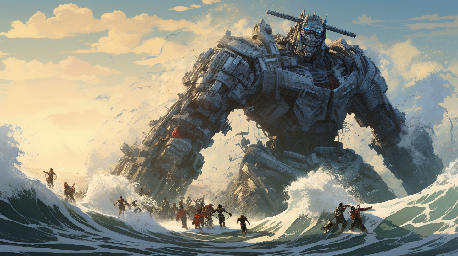 Humorous animated giant wave of robots