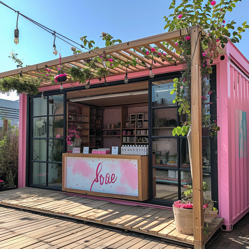 Small gift shop in a ship container with pink and white colors