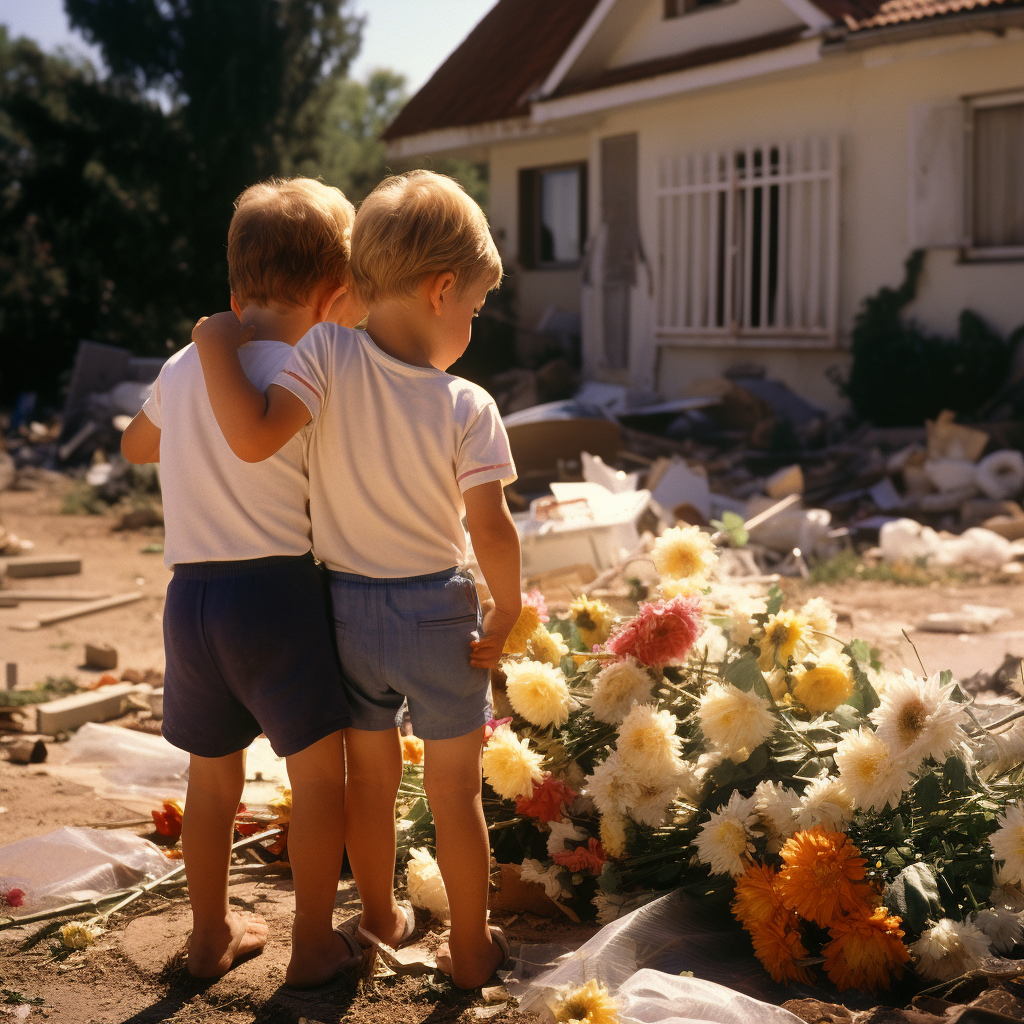 Two boys with ginger hair hugging at Kibbutz Beeri