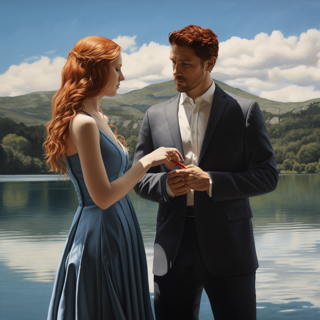 Ginger Women in Blue Dress Holding Hands with Man