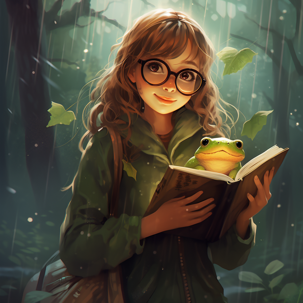 Girl with Frog and Book in Rainy Forest