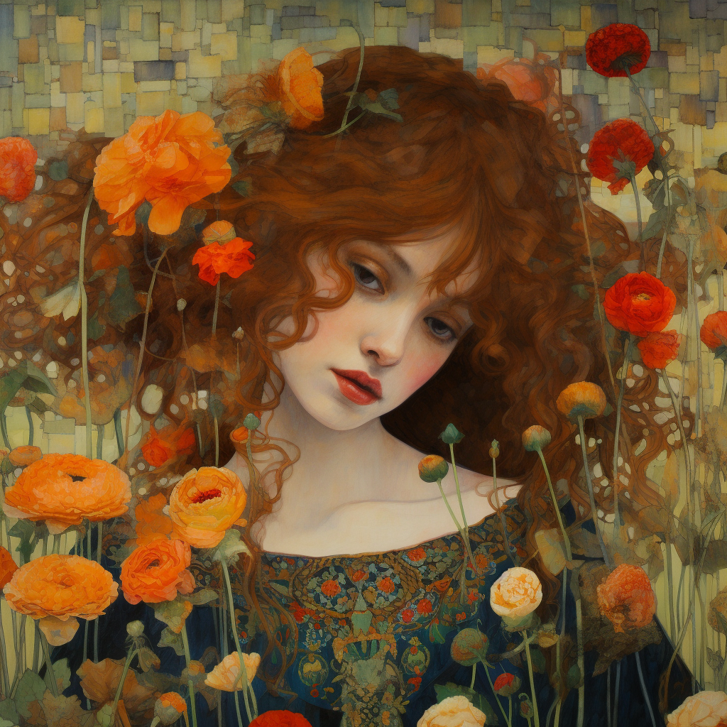 Beautiful girl with curly hair surrounded by poppies