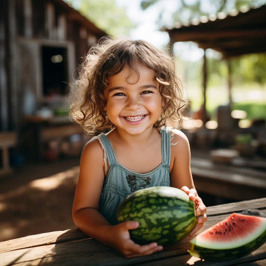 Little girl eating watermelon on farm