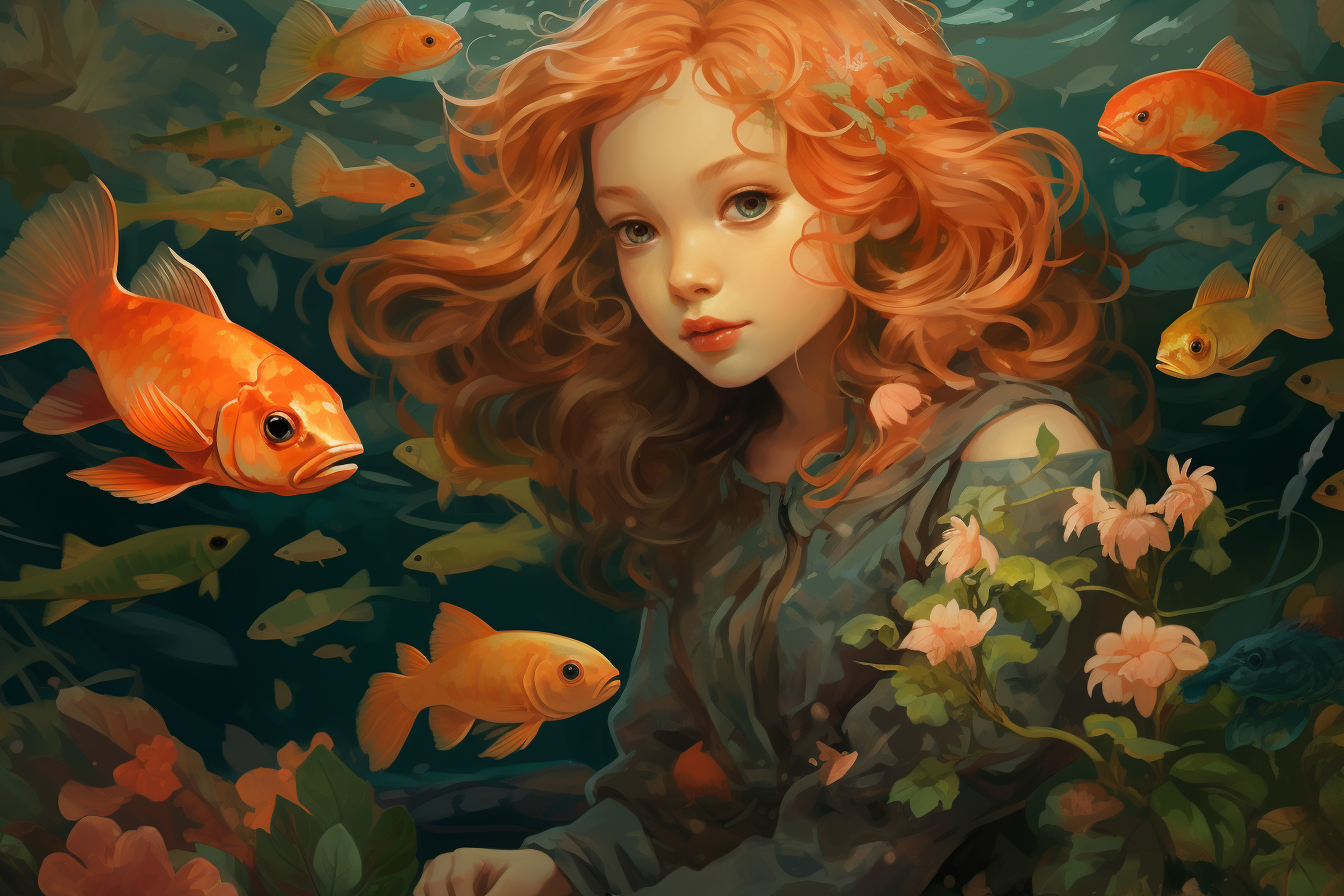 Girl holding a goldfish in a botanic garden