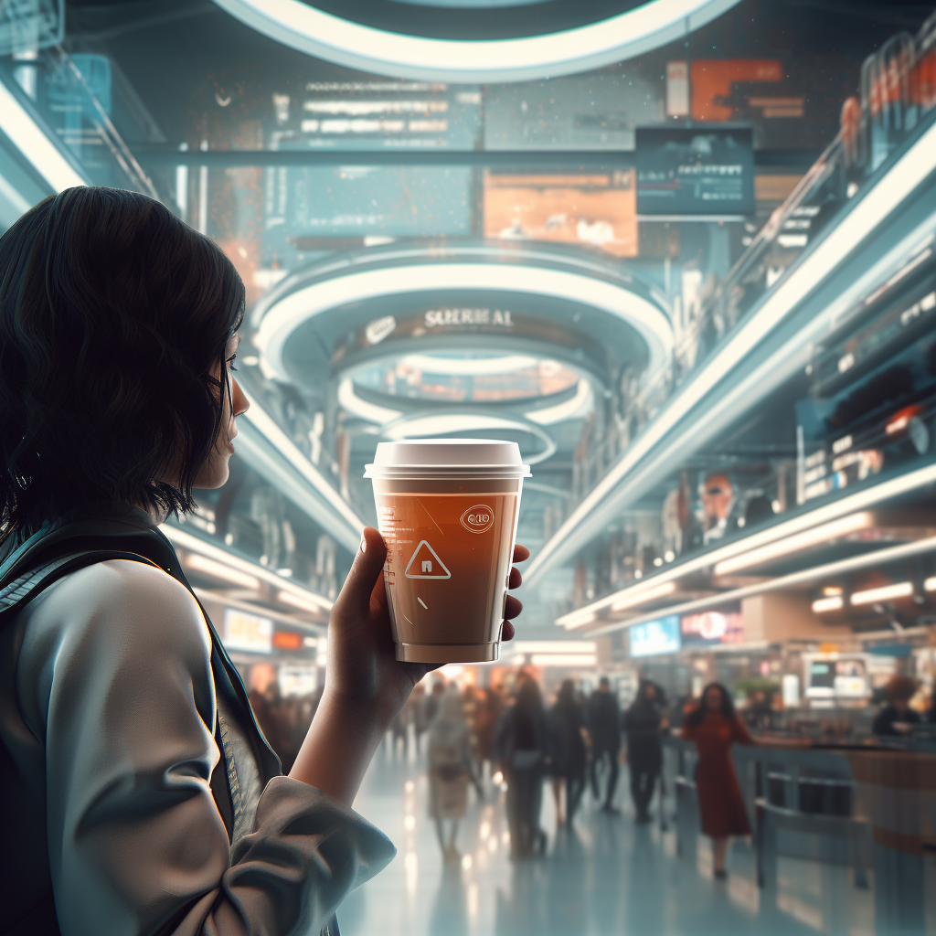 Girl holding coffee cup in futuristic supermarket