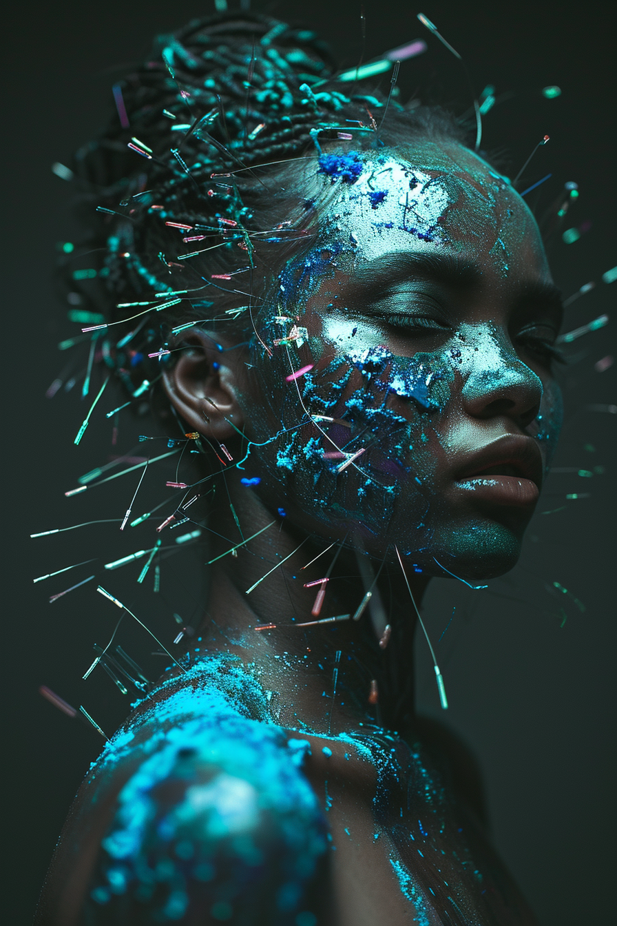 Girl with needles in face and blue sand on chest