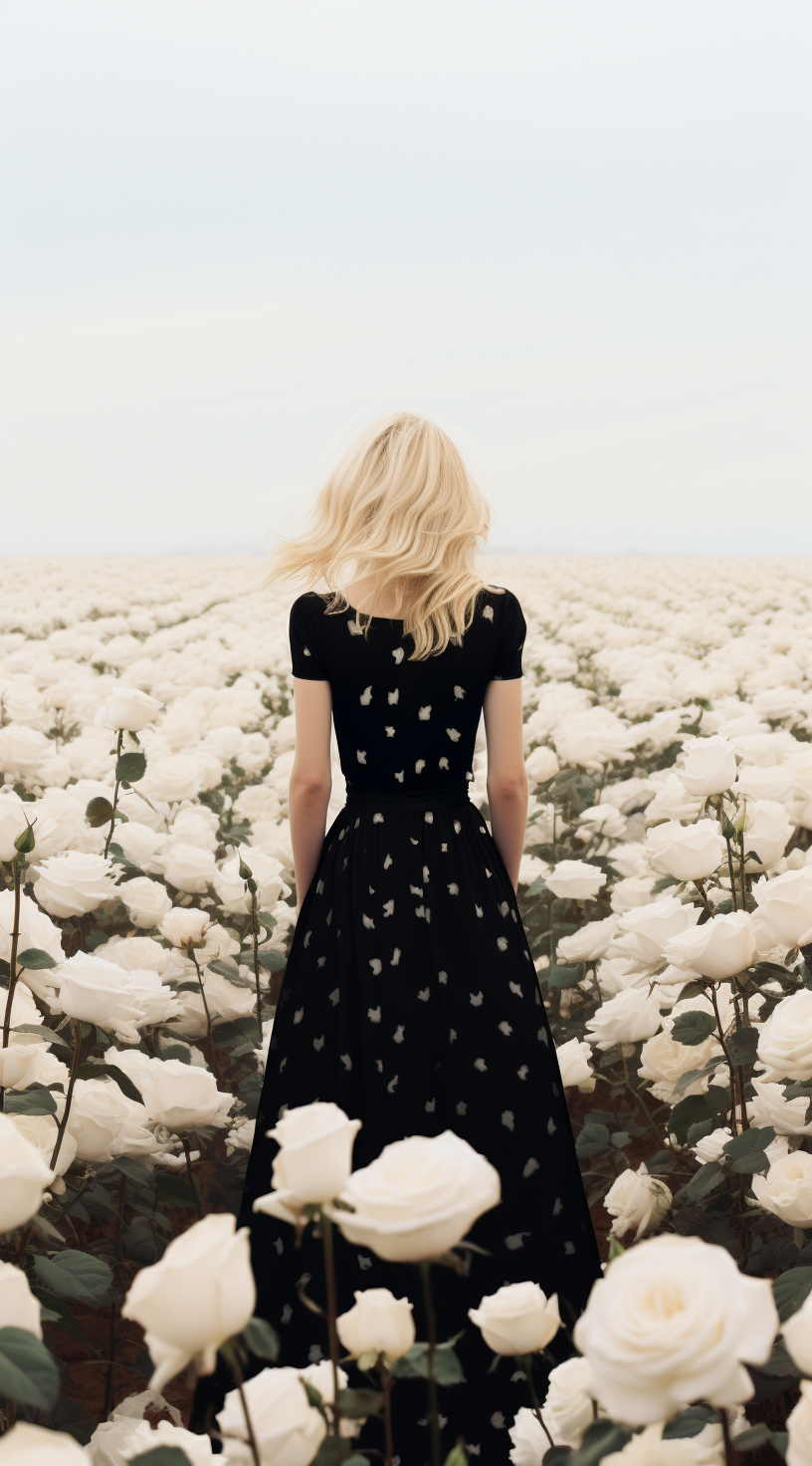 Girl in Polka Dot Dress in White Rose Field