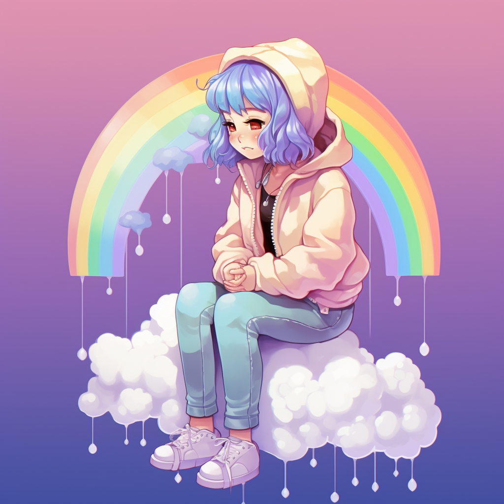 Girl on Rainy Storm Cloud in Sky