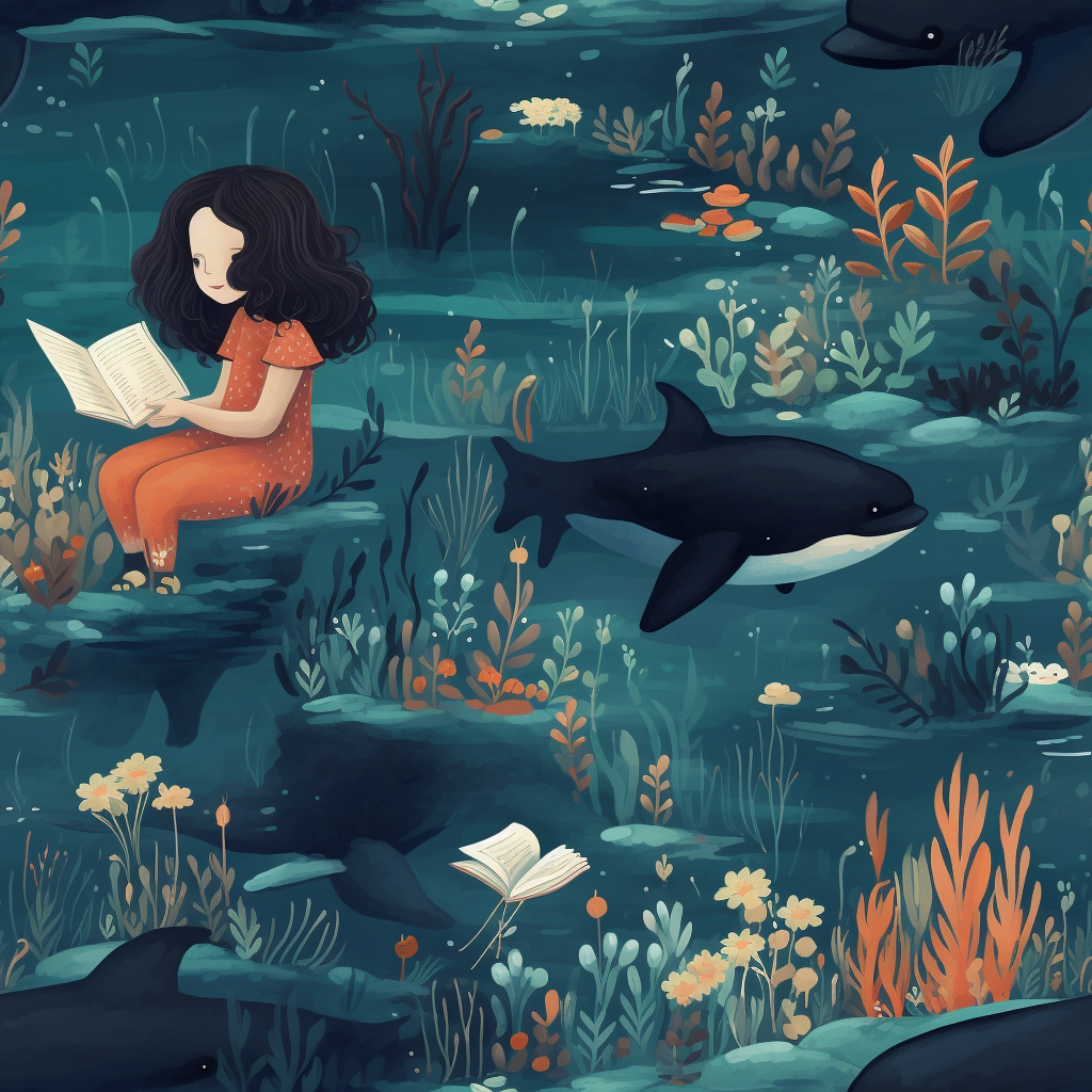 Girl reading book to whale underwater