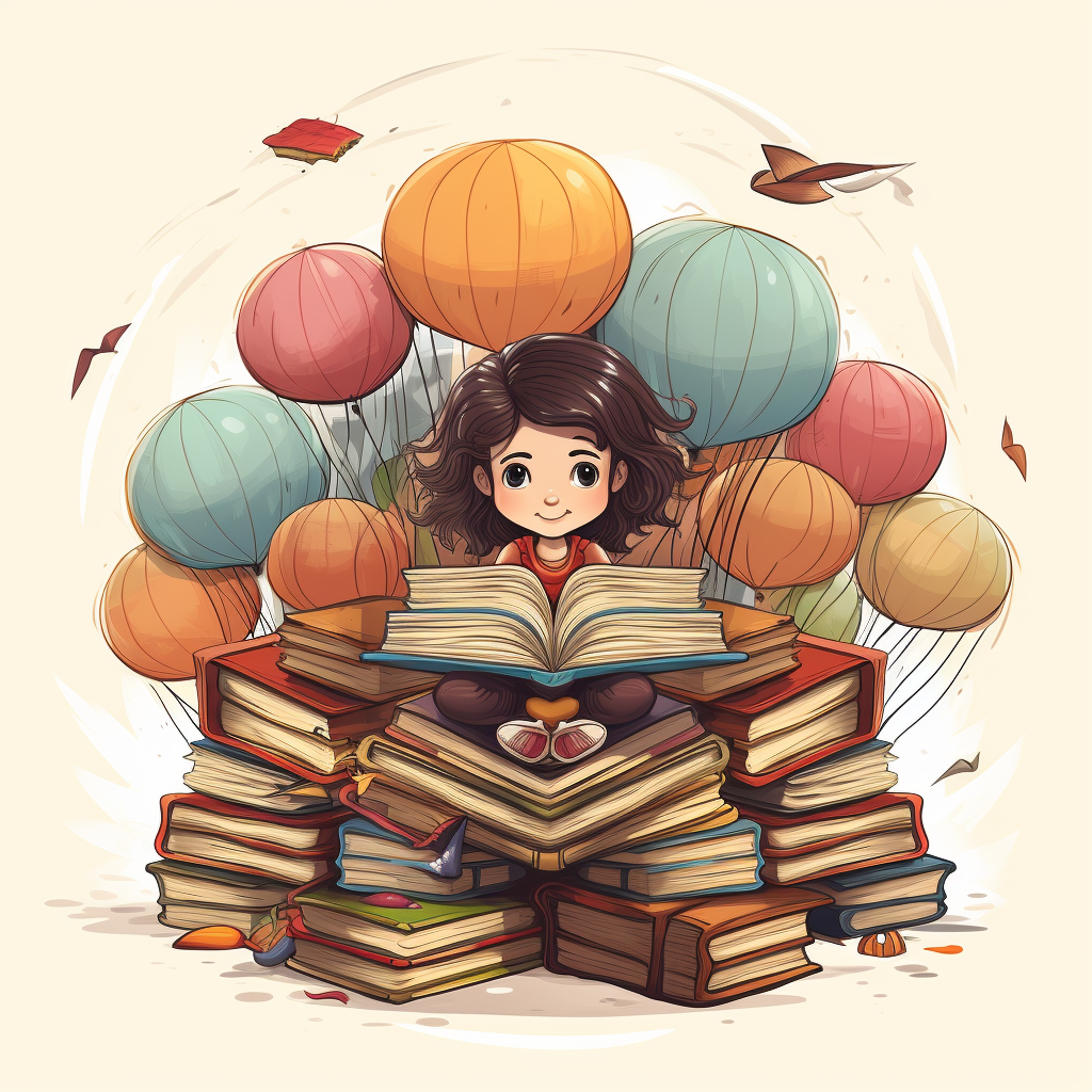 Little girl reading in a parachute made with books