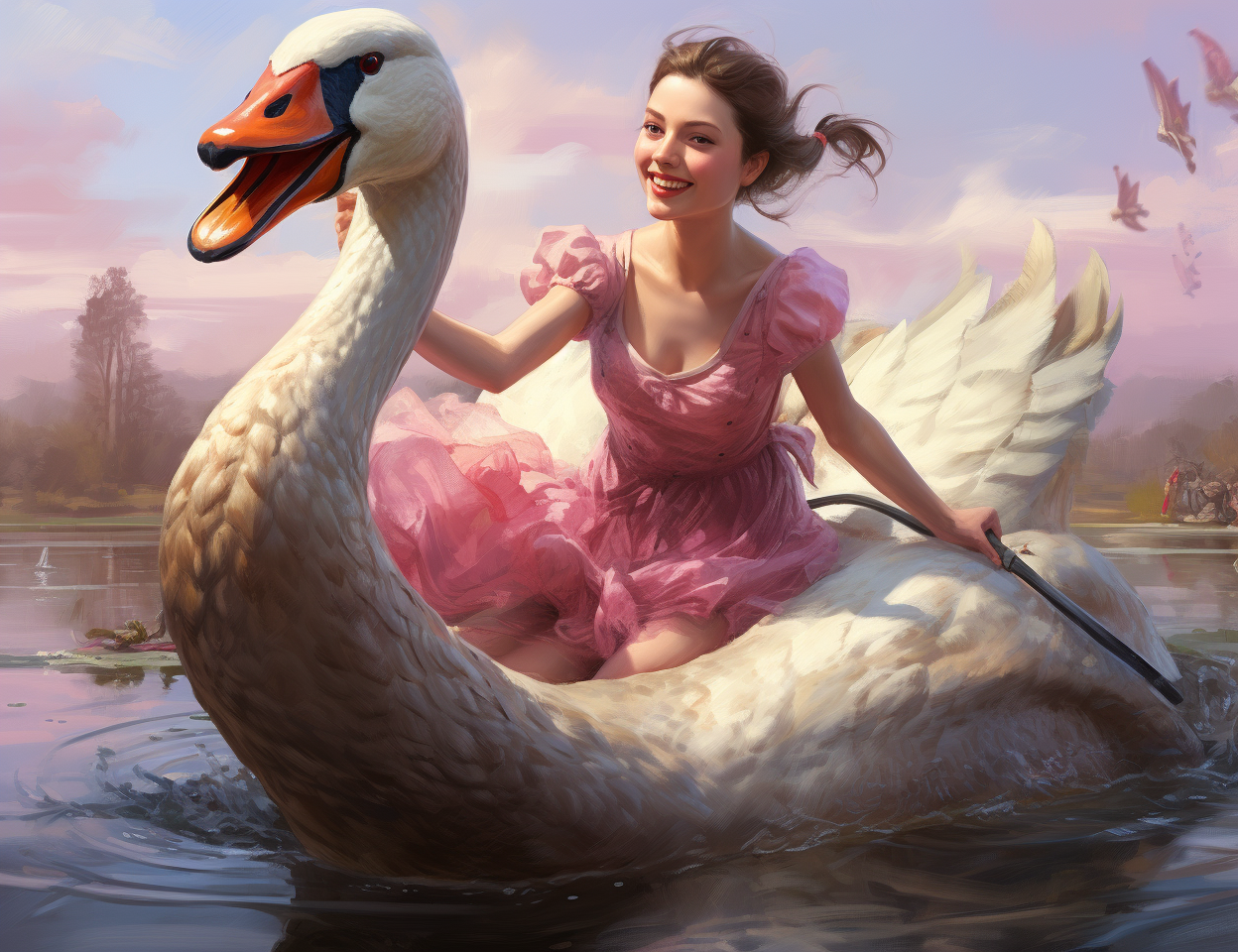 artwork of girl riding swan