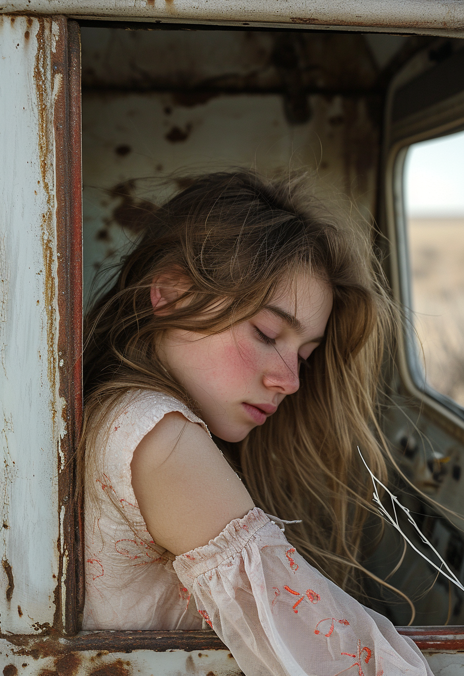 Girl sitting in truck in desert