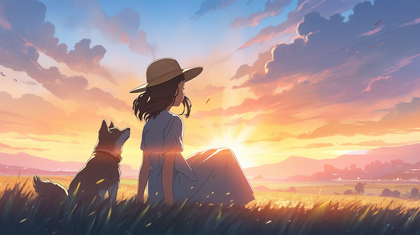 Girl watching sunrise with dog in field