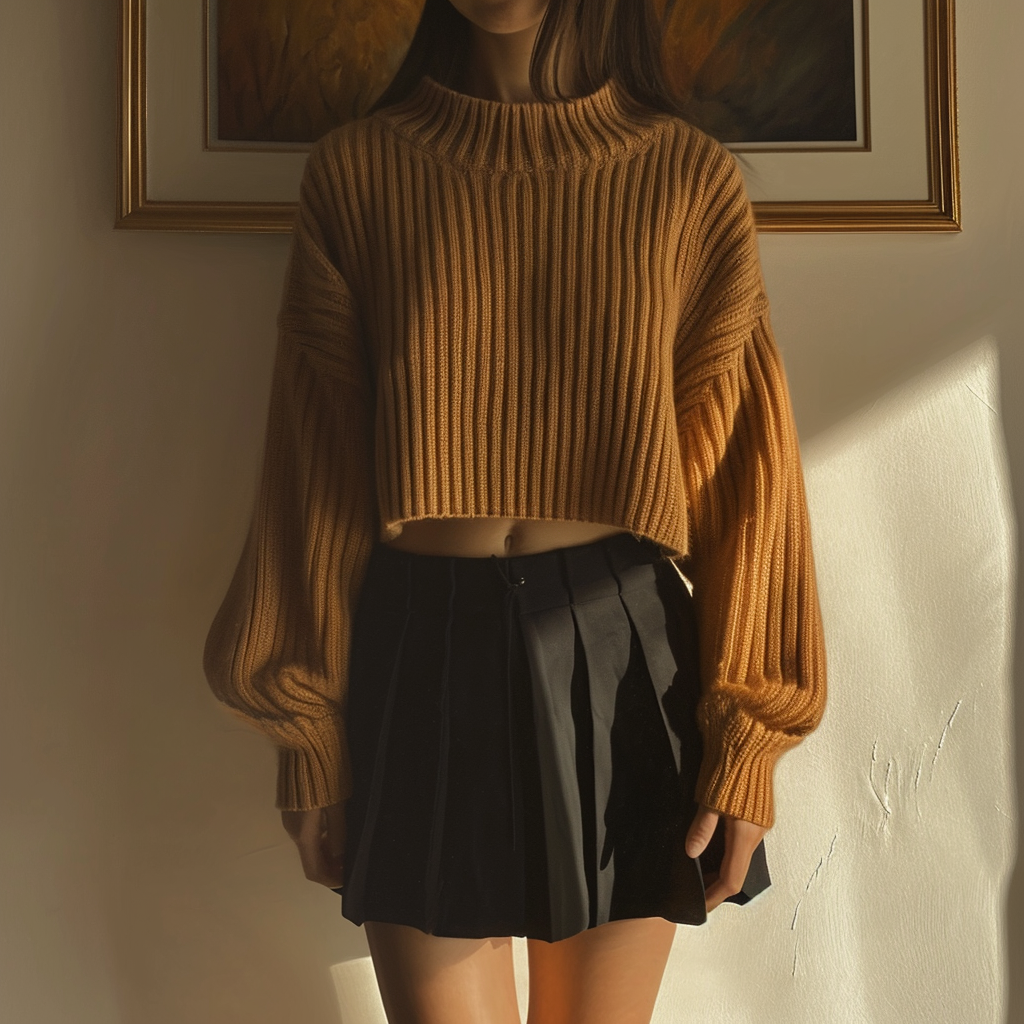 Girl in Black Skirt and Brown Sweater