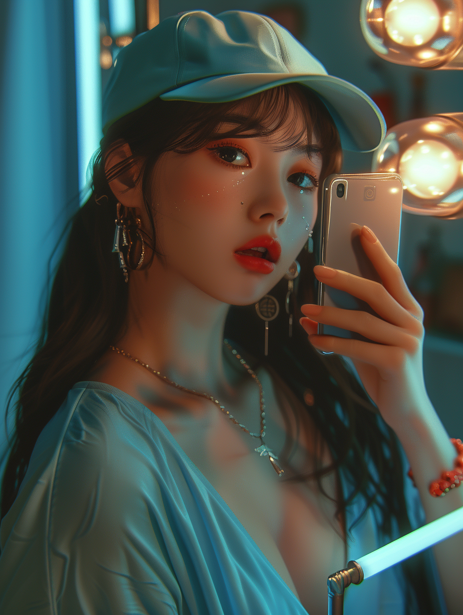 Girl with Blue Cap Taking Selfies in Mirror