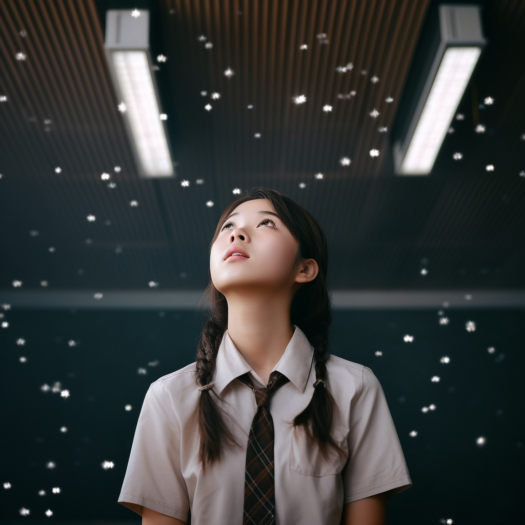 Girl in Japanese Minimalist Classroom Looking Up