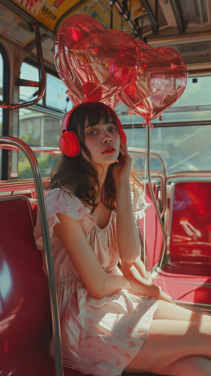 Girl with Headphones on Bus, Heart Balloons