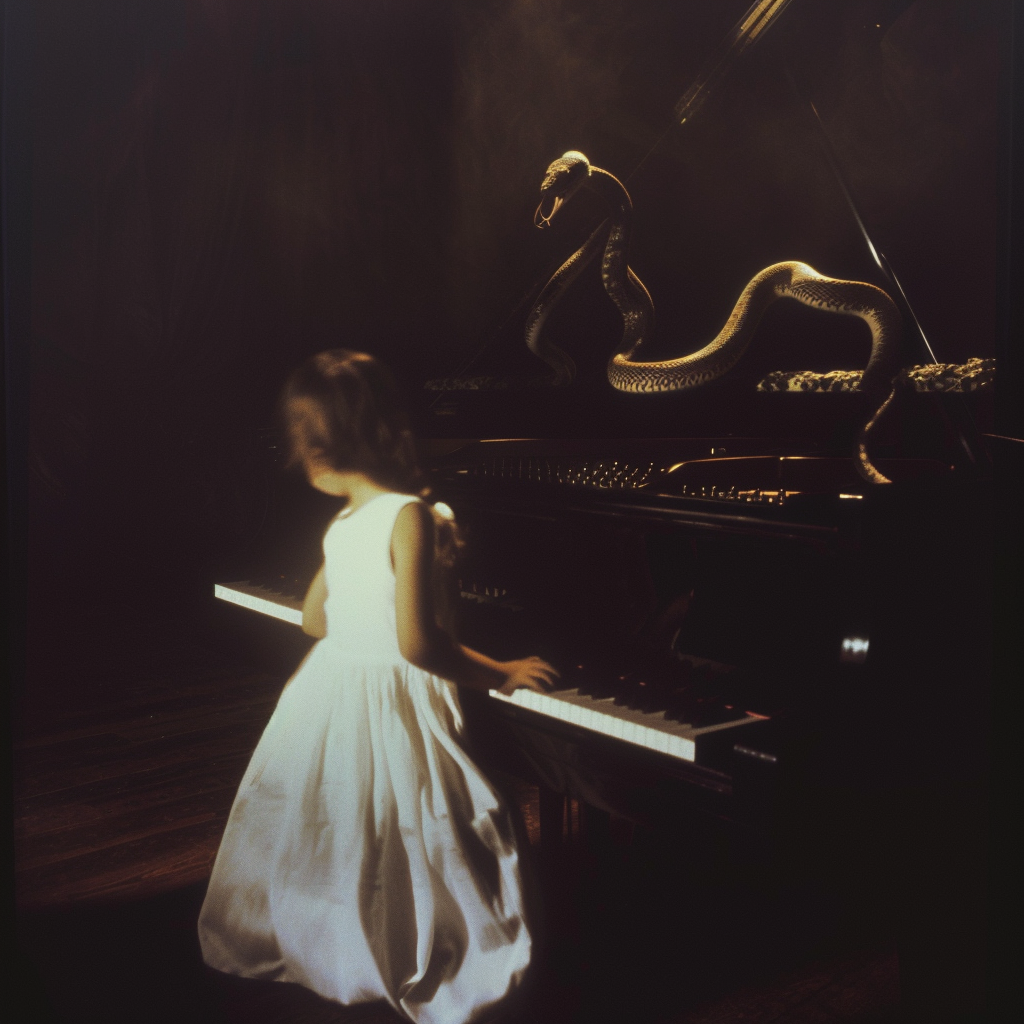 Little girl playing piano with snake