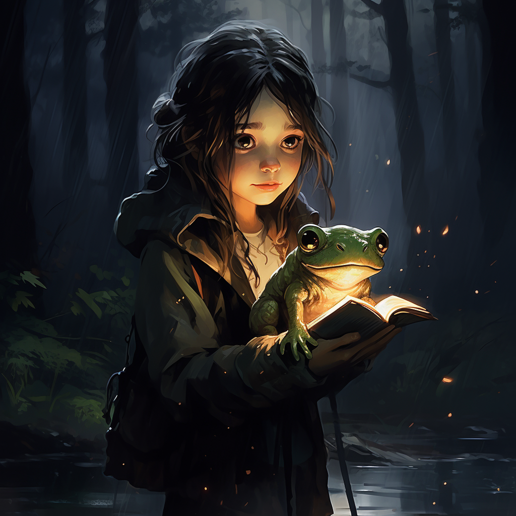 Girl carrying frog in rainy forest