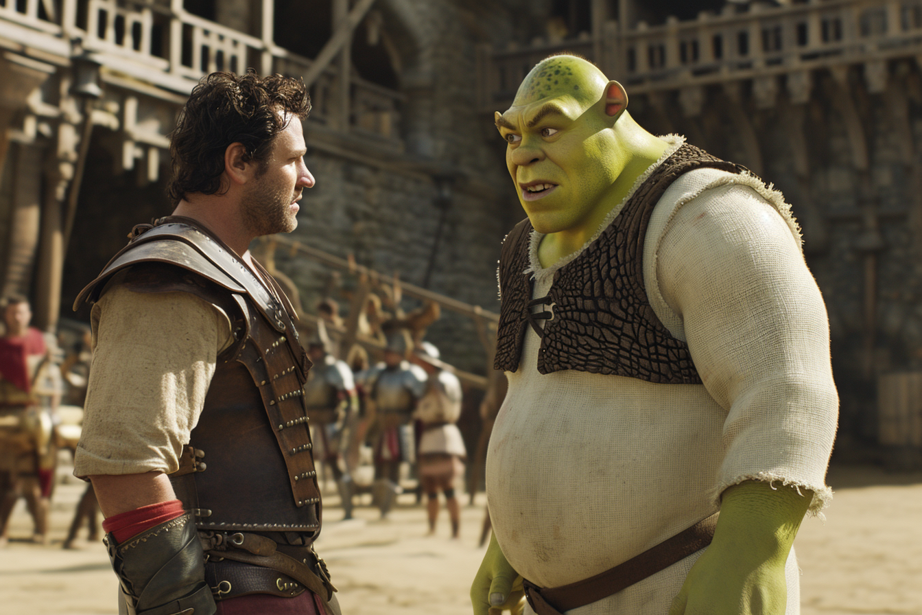 Gladiator handing remote control to Shrek