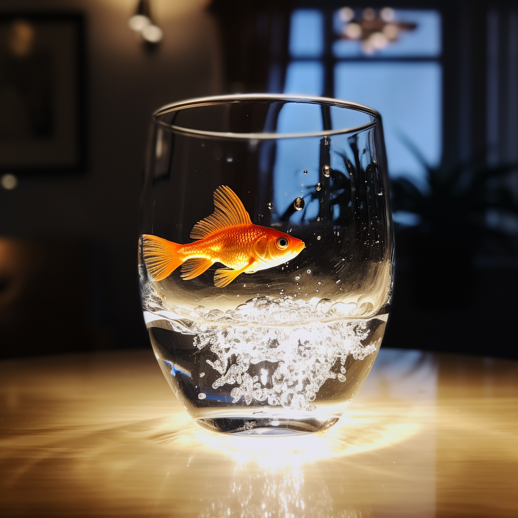 Glass water with canary and goldfish on table