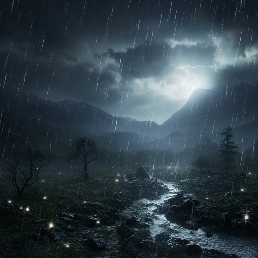 Stunning cinematic fantasy landscape in glistening rain