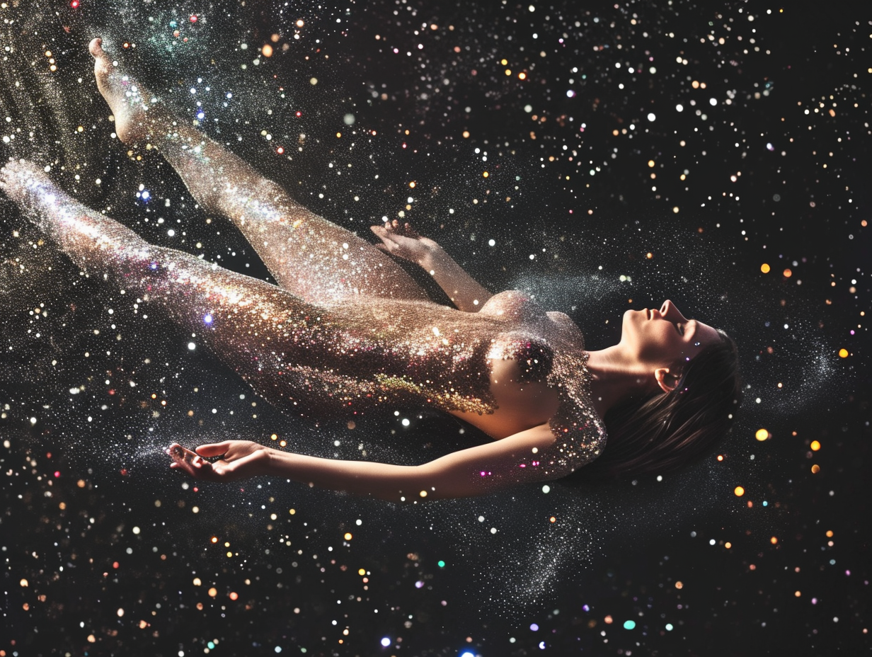 Beautiful woman covered in glitter floating through space