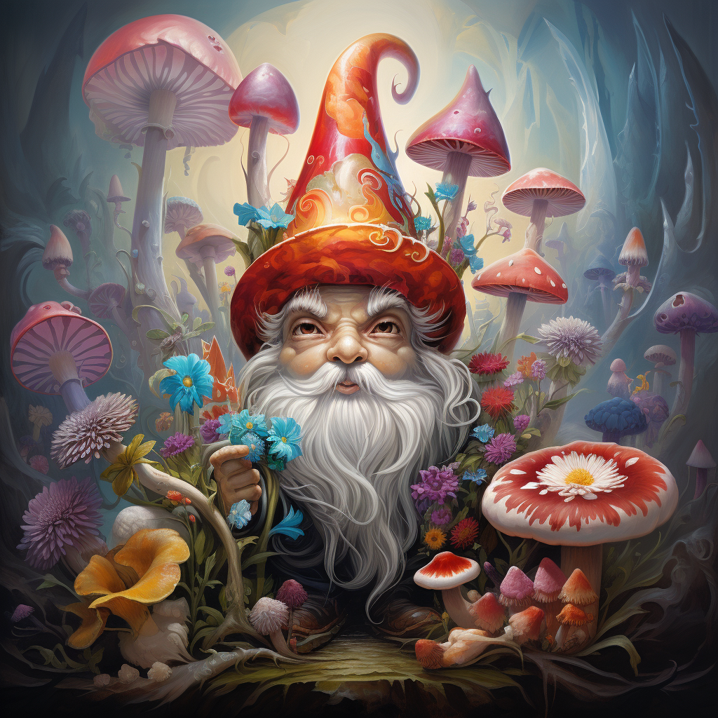 Colorful gnome in psychodelic pattern