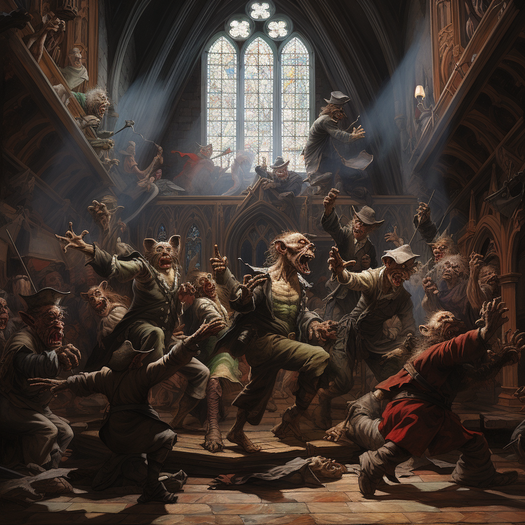 Goblins dancing near a ruined church altar