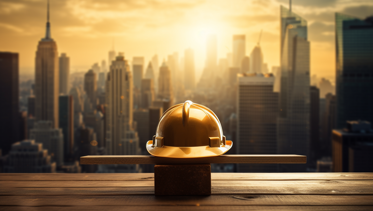 Gold hard hat overlooking skyscrapers