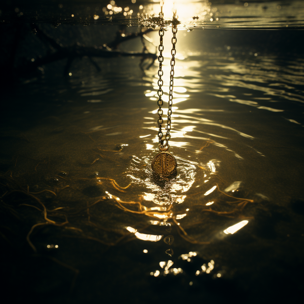 Glimmering gold necklace submerged in lake's depths