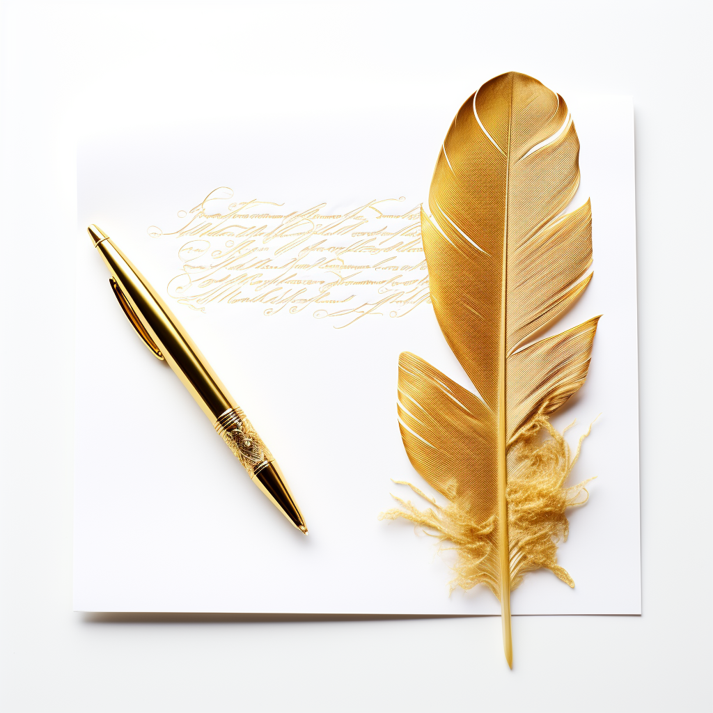 Gold paper and pen on white background