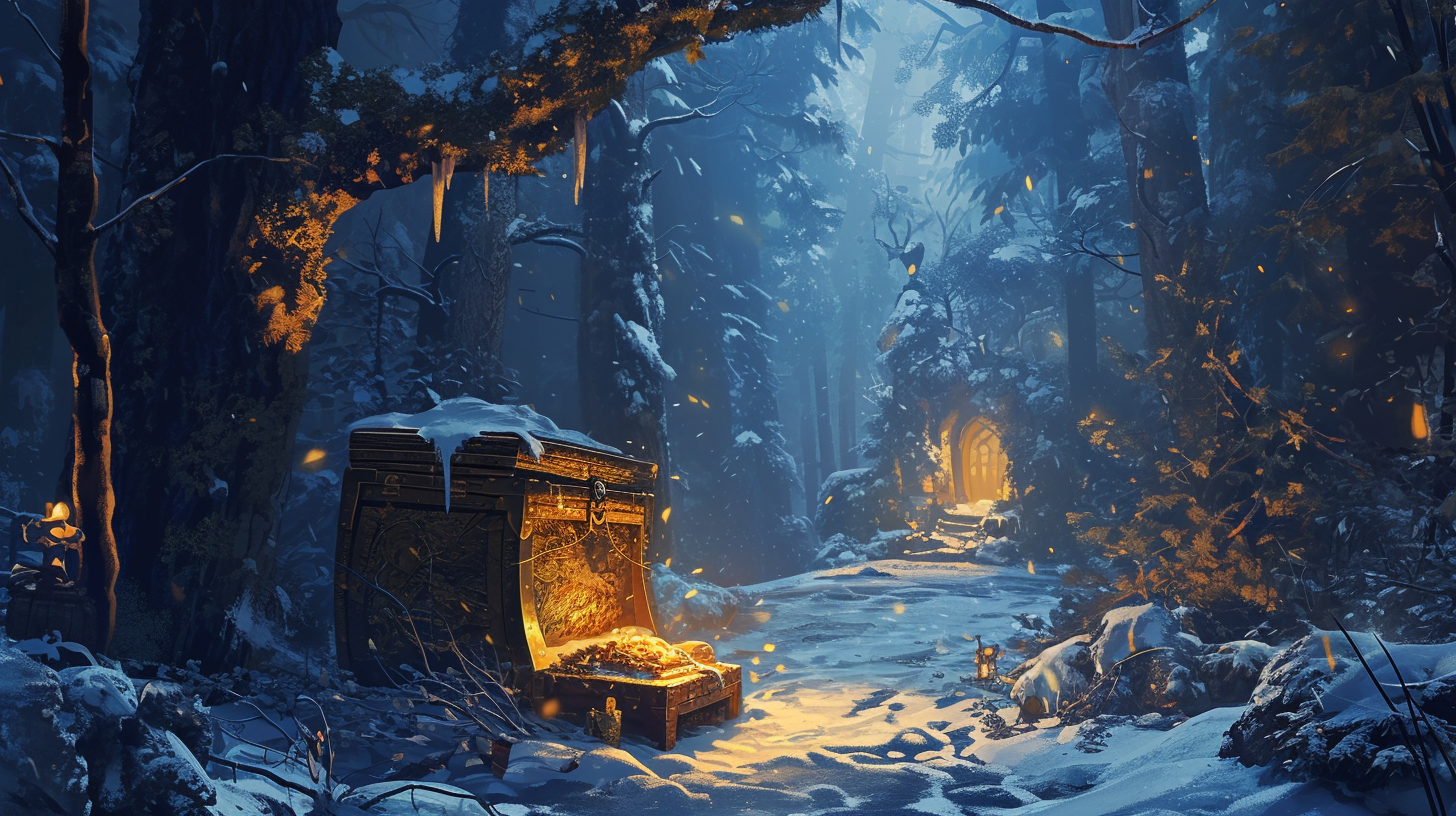 Golden treasure chests in a snowy forest at night