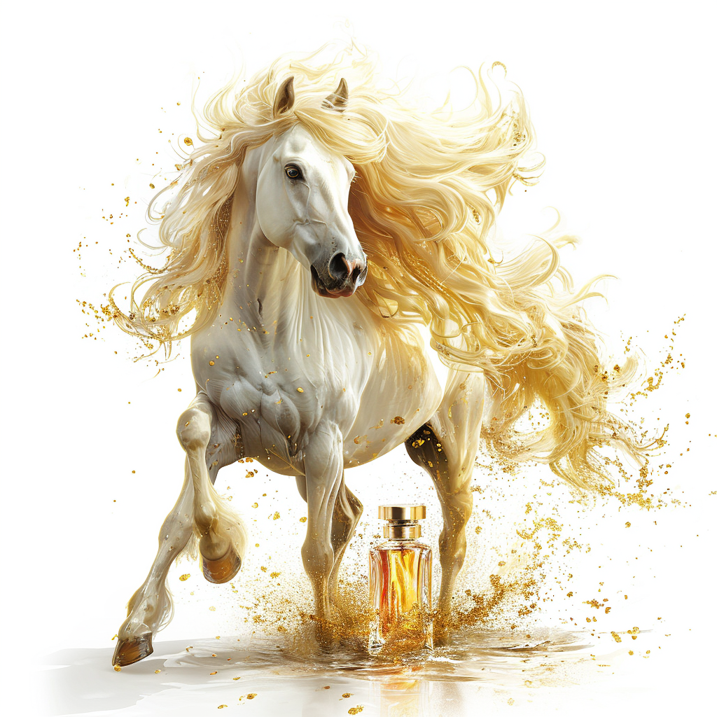 Beautiful golden-haired horse and perfume bottle on white background