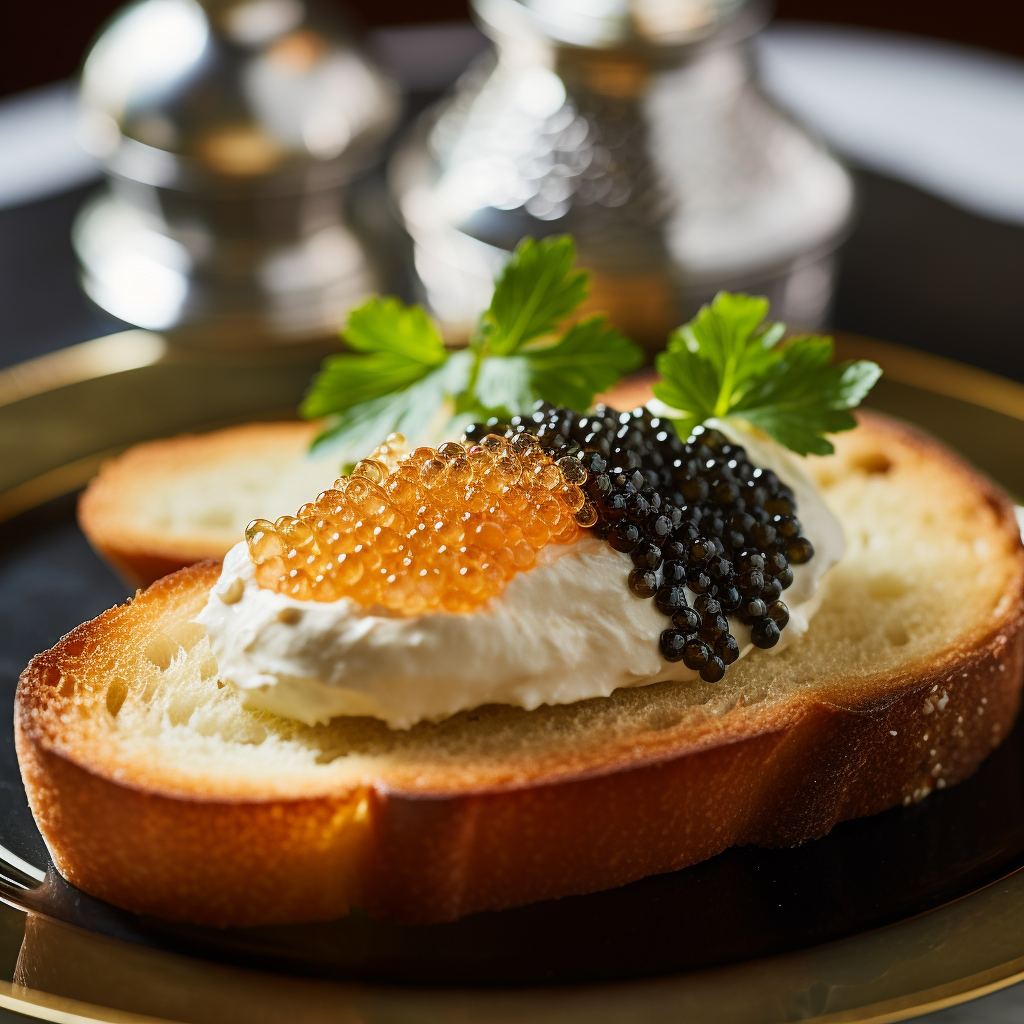 Exquisite golden kaluga caviar with traditional garnish