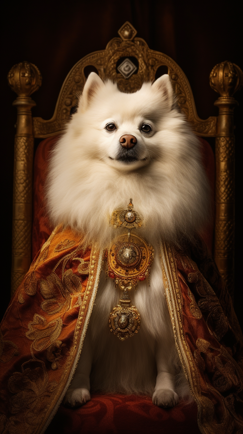 White Japanese Spitz Dog on Golden Throne