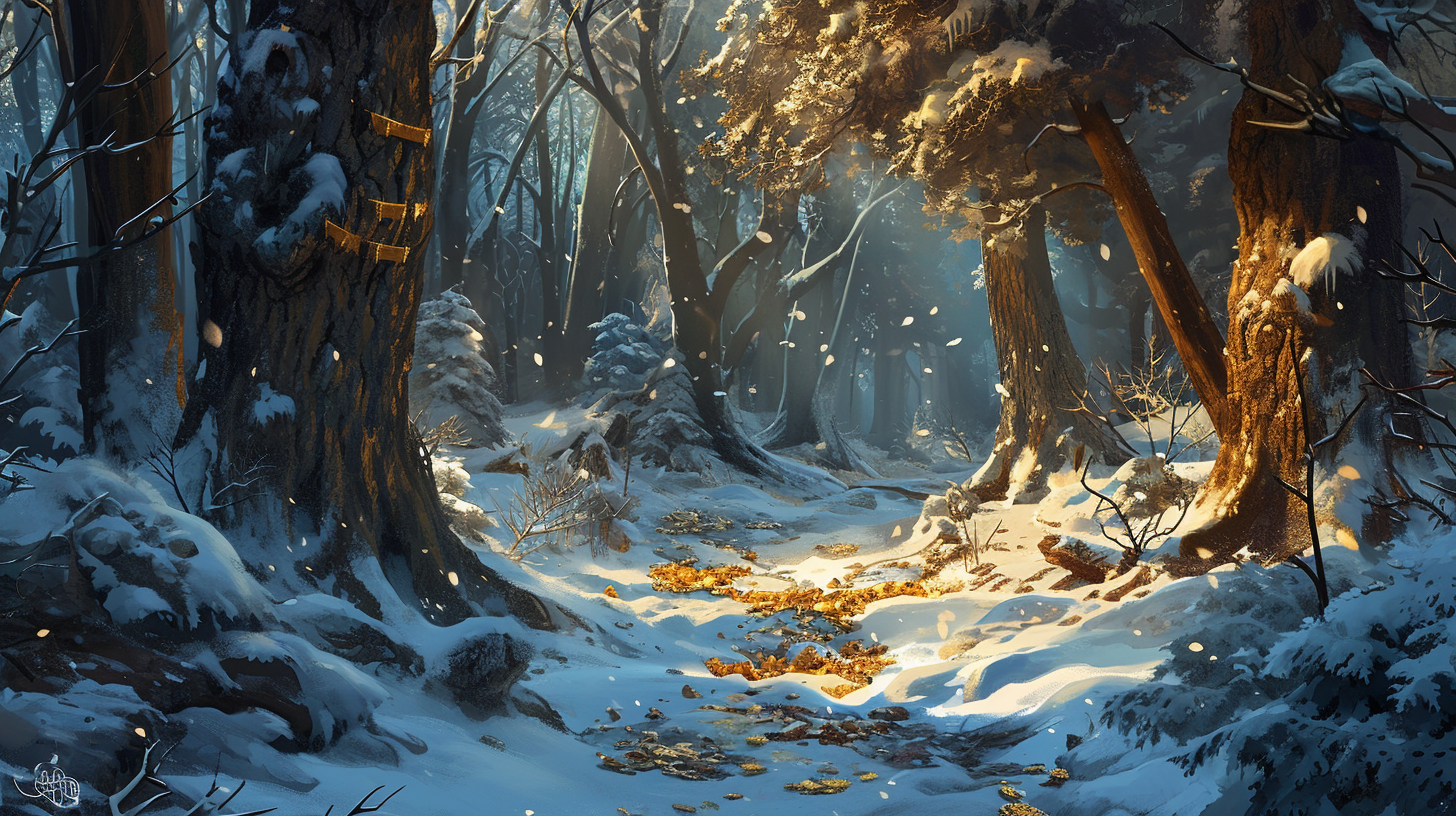 Game concept art of a snow-covered forest