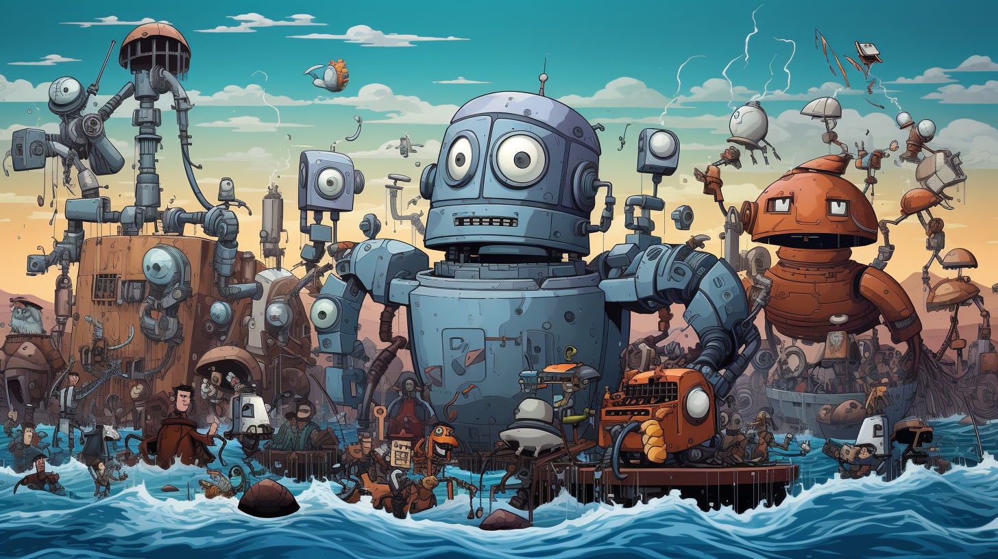 Humorous cartoon wave made of goofy robots