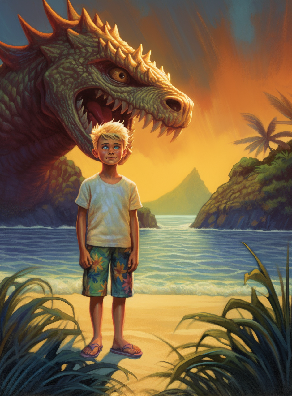 Young boy on tropical beach with kaiju monster