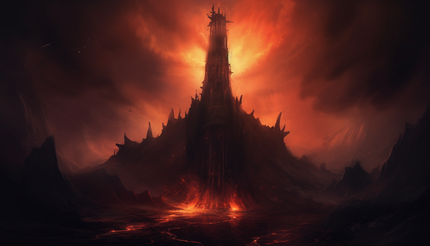 Dark Gothic Iron Tower in a Pool of Lava