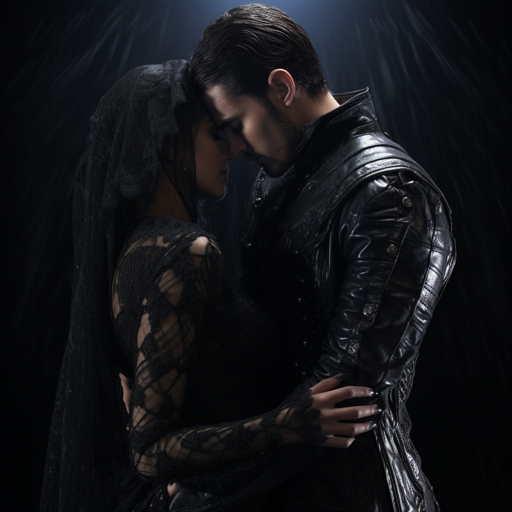 Gothic couple in leather and lace outfits