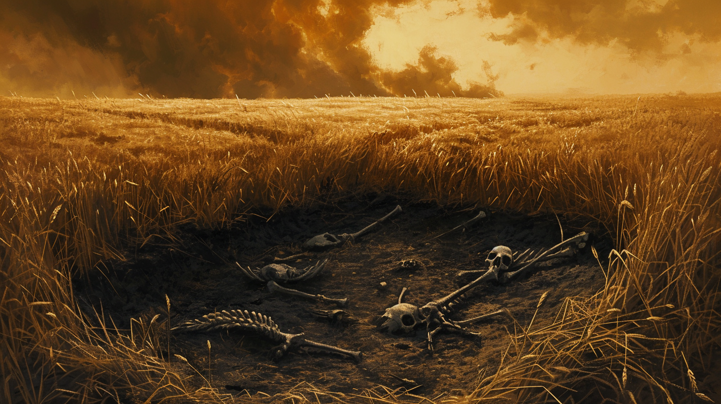 Gothic wheat field with dead patch and bones