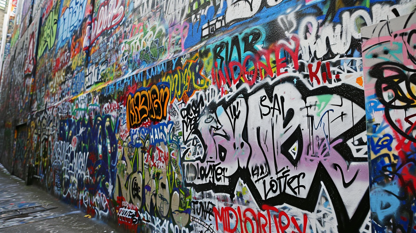 Graffiti wall with tags and MIDJOURNEY logo