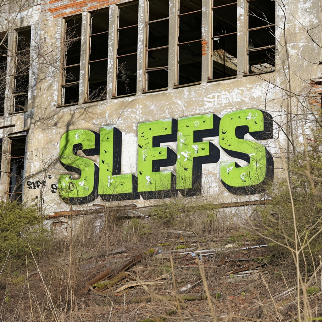 Graffiti word Slefs on abandoned factory