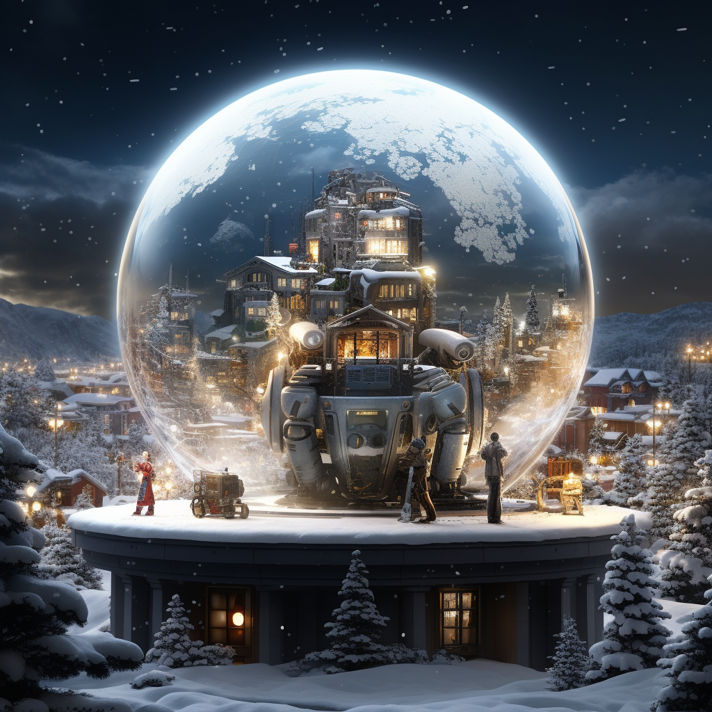 Futuristic robot in snow globe