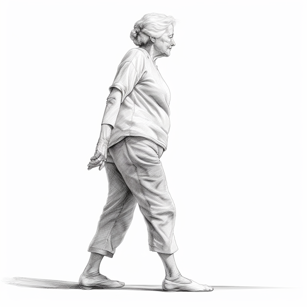 Old grandmother standing on one leg