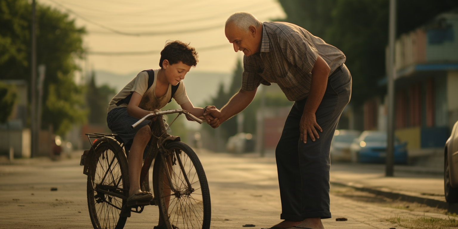 Young boy helping fallen grandpa in Panagyurishte